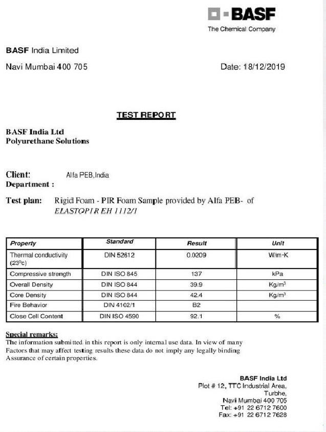 BASF Certificate For PIR Panels